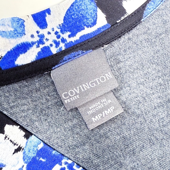 Covington Black & Blue Floral Tie Waist V-Neck Dress Medium Petite 🌸🖤💙 - Picture 13 of 15